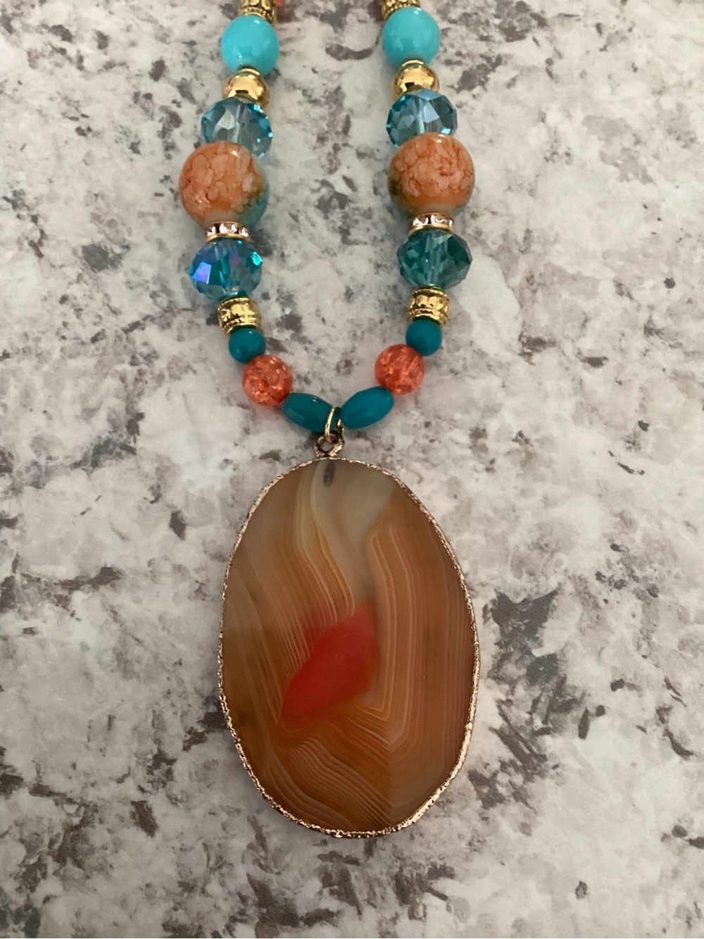 Artisan long beaded necklace with a banded agate orange pendant - Picture 6 of 12